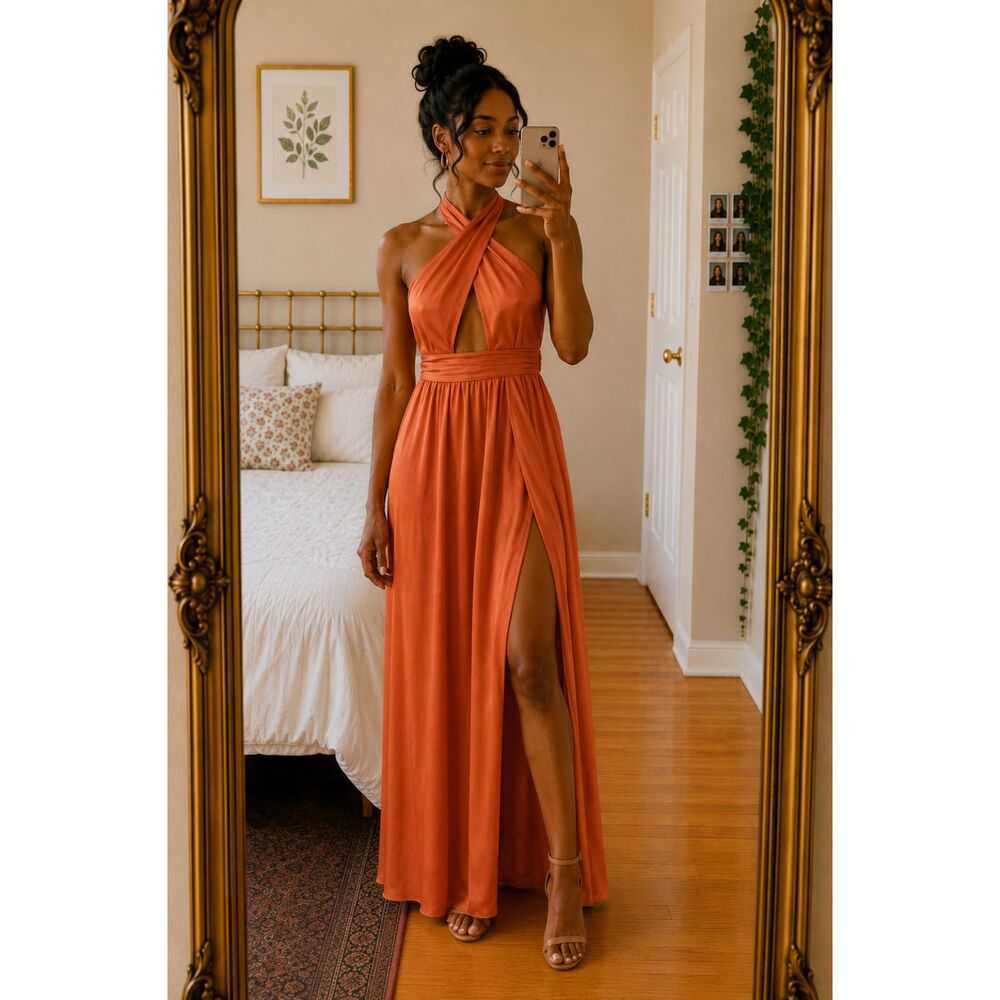 Shein Terracotta Crisscross Halter Cutout Maxi Dress Grecian Goddess Size L